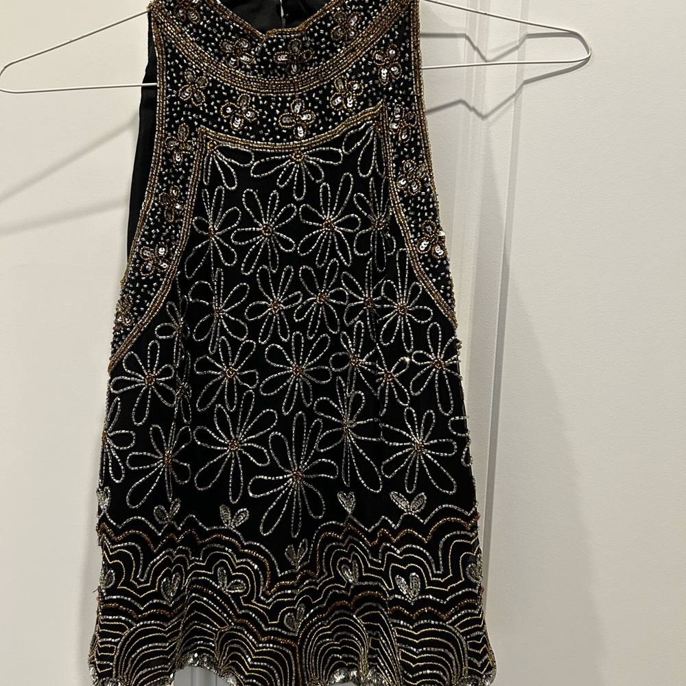 Papell Boutique Black and Gold Vintage Beaded Embellished Top